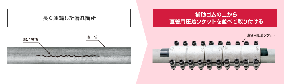 長く連続した漏れ箇所　補助ゴムの上から直管用圧着ソケットを並べて取り付ける